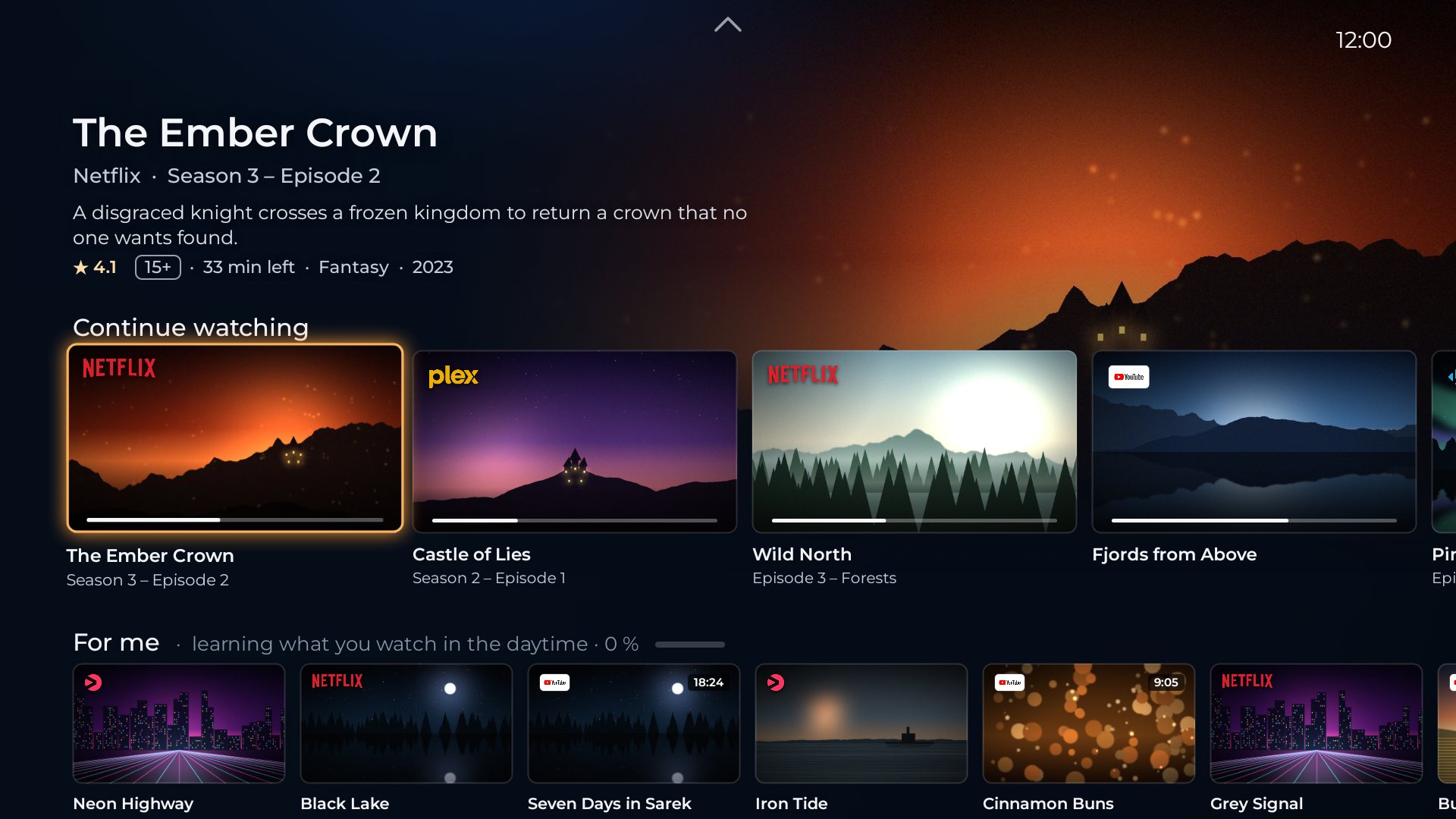 Aurum on a TV: a large hero for The Ember Crown above the Continue watching row, with For me below