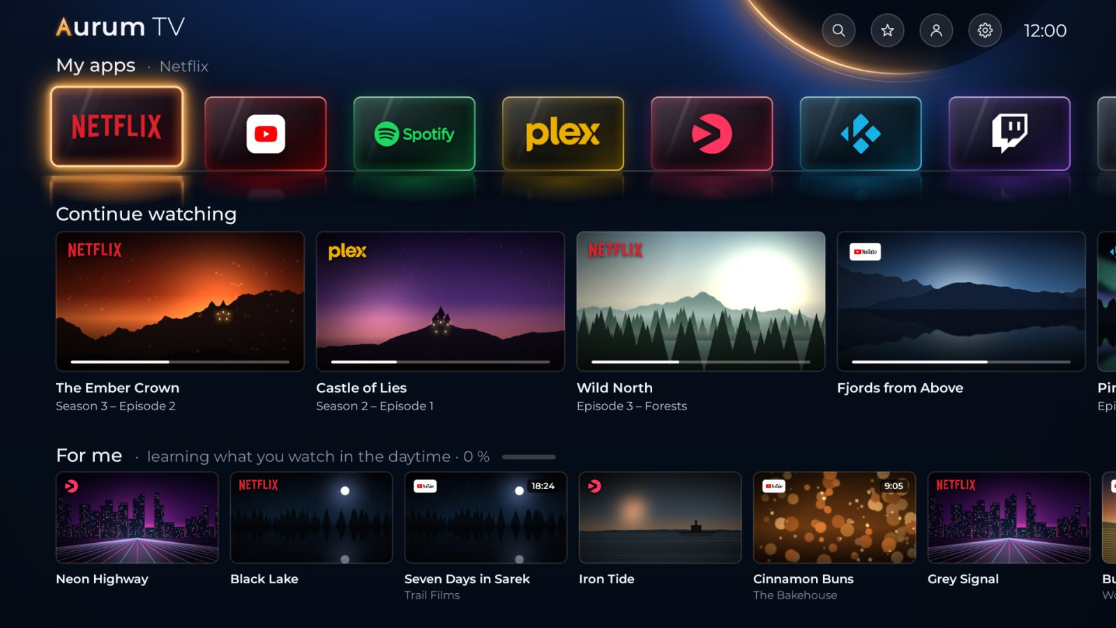 The Aurum home screen with My apps, Continue watching and For me
