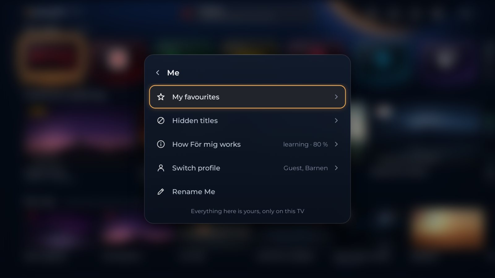 The Me page with favourites, hidden titles, how For me works and profiles