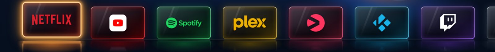 A row of app plates: Netflix, YouTube, Spotify, Plex, Viaplay, Kodi and Twitch, with Netflix focused in gold
